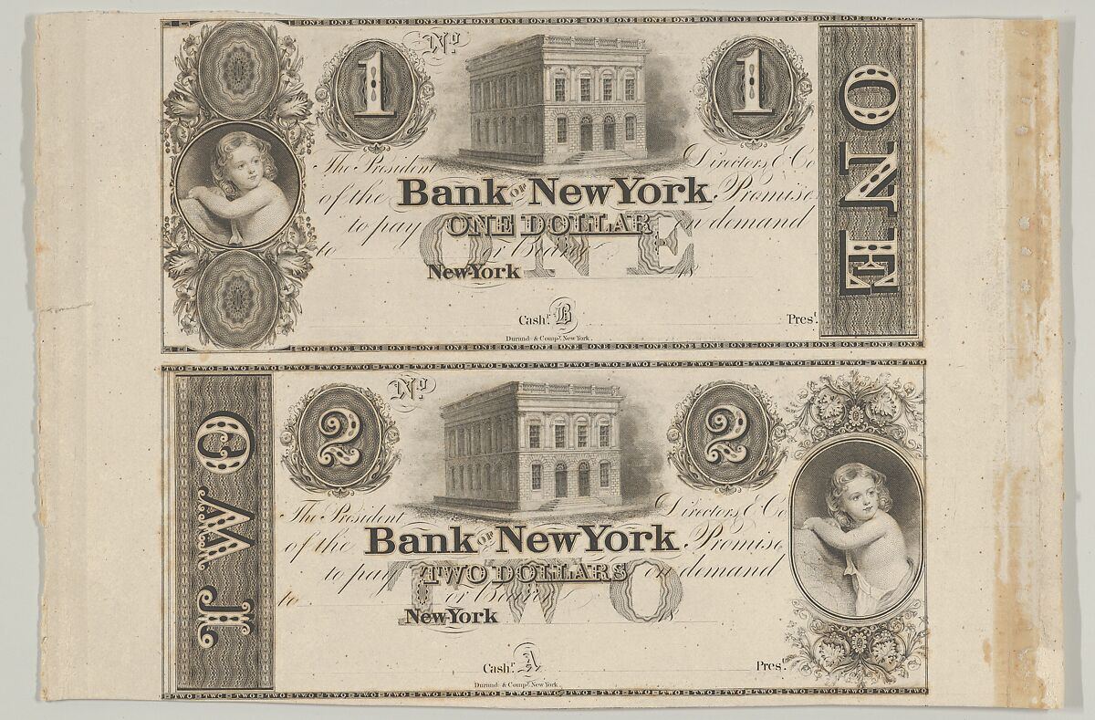 Proofs of Bank of New York One Dollar Bill and Two Dollar Bill, Attributed to Asher Brown Durand (American, Jefferson, New Jersey 1796–1886 Maplewood, New Jersey), Engraving; proof 