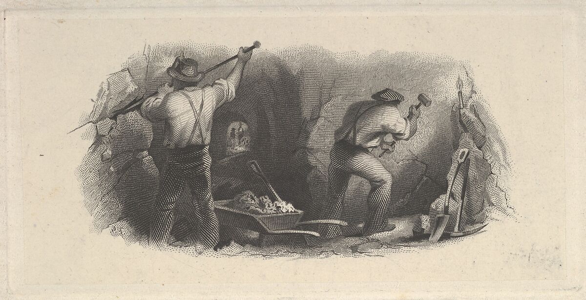 Banknote vignette showing two men working in a mine, Attributed to Asher Brown Durand (American, Jefferson, New Jersey 1796–1886 Maplewood, New Jersey), Engraving and etching; proof 