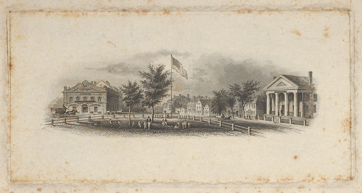 Banknote vignette showing city buildings around a fenced-in green with children playing around an American flag, Attributed to Asher Brown Durand (American, Jefferson, New Jersey 1796–1886 Maplewood, New Jersey), Engraving and etching; proof 