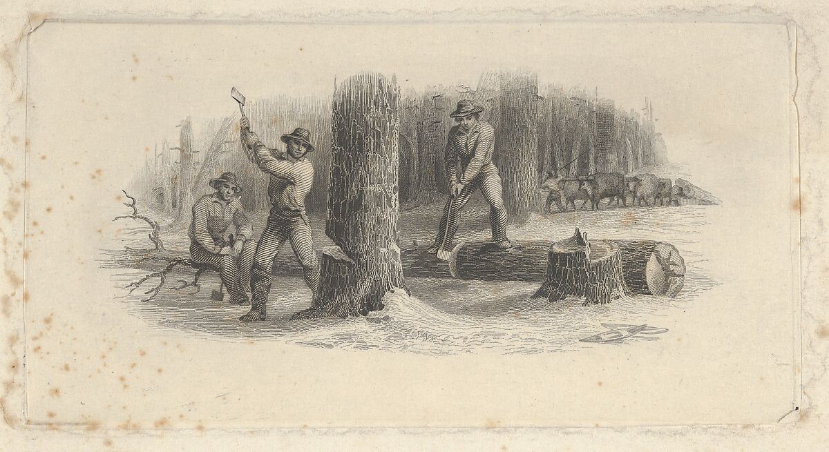 Banknote vignette showing woodsmen felling trees in a snowy forest, Attributed to Asher Brown Durand (American, Jefferson, New Jersey 1796–1886 Maplewood, New Jersey), Engraving and etching; proof 