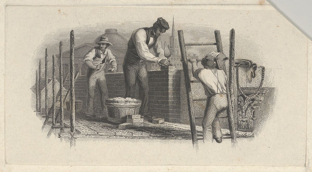 Banknote vignette showing three men on a scaffold laying a brick wall, Attributed to Asher Brown Durand (American, Jefferson, New Jersey 1796–1886 Maplewood, New Jersey), Engraving and etching; proof 