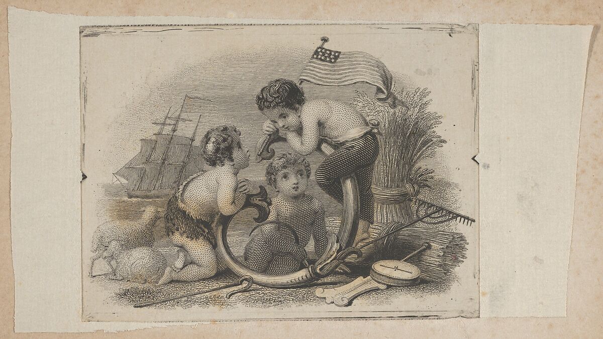 Banknote vignette with three putti as a shepherd, a farmer, and a sailor, Attributed to Asher Brown Durand (American, Jefferson, New Jersey 1796–1886 Maplewood, New Jersey), Engraving and etching; proof 