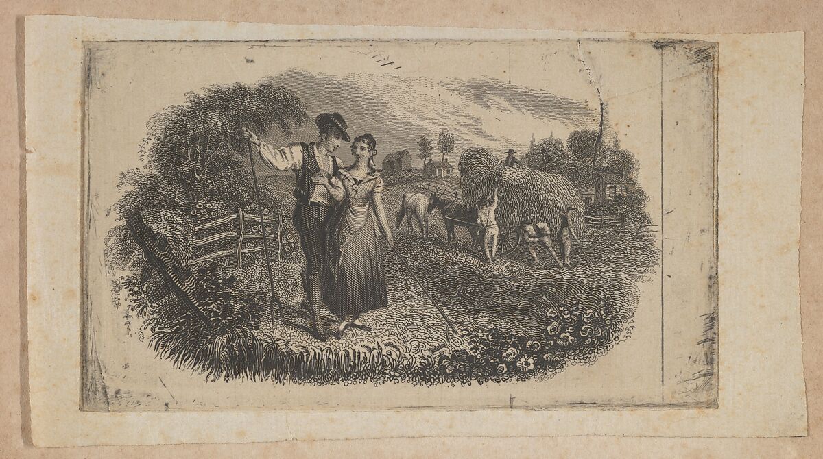 Banknote vignette with haymakers symbolizing rural industry, Attributed to Asher Brown Durand (American, Jefferson, New Jersey 1796–1886 Maplewood, New Jersey), Engraving and etching on chine collé; proof 