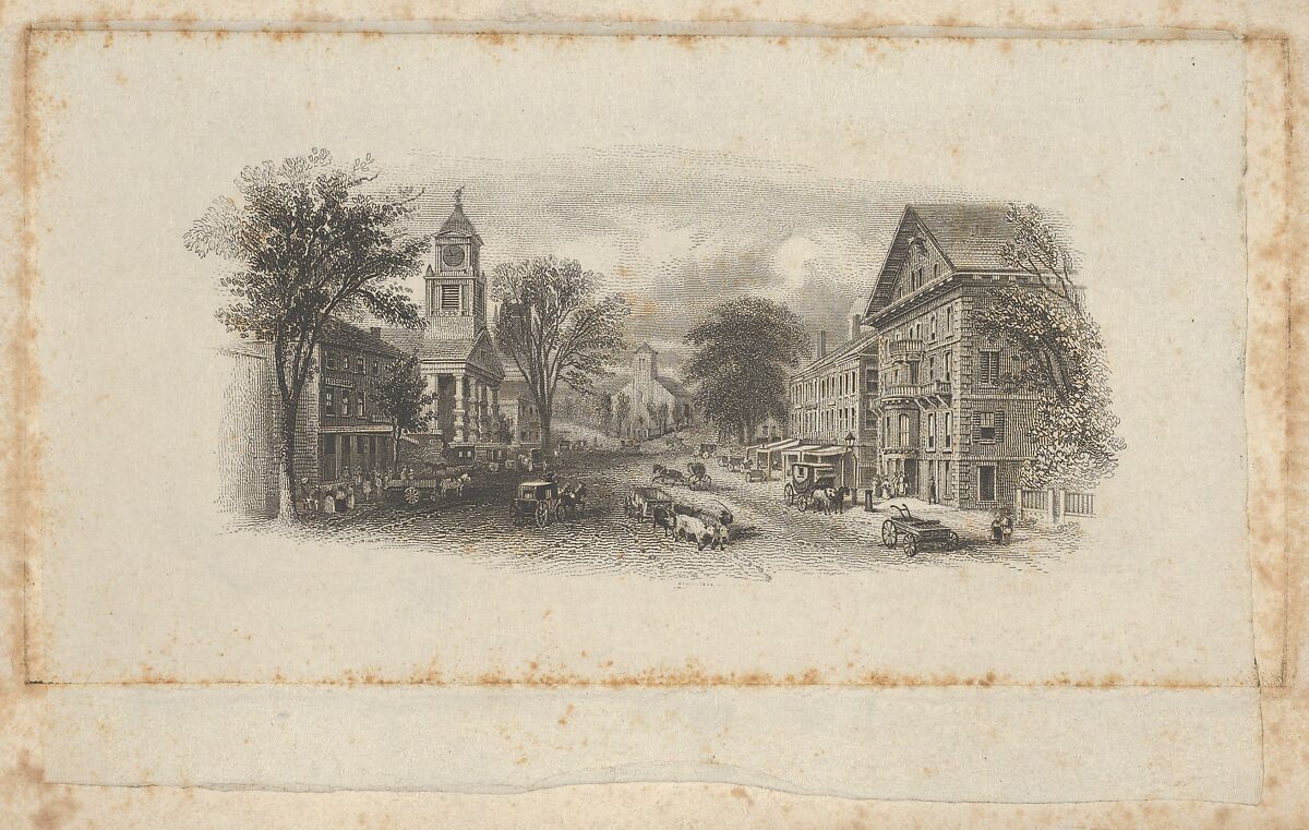 Banknote vignette with the main street of a town, Attributed to Asher Brown Durand (American, Jefferson, New Jersey 1796–1886 Maplewood, New Jersey), Engraving and etching on chine collé; proof 