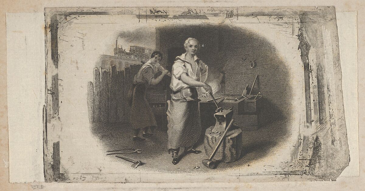Banknote vignette with a blacksmith and forge, Attributed to Asher Brown Durand (American, Jefferson, New Jersey 1796–1886 Maplewood, New Jersey), Engraving and etching on chine collé; proof 