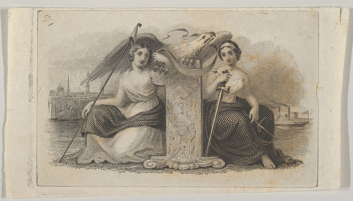 Banknote vignette with female figures representing Liberty and Justice, Attributed to Asher Brown Durand (American, Jefferson, New Jersey 1796–1886 Maplewood, New Jersey), Engraving and etching; proof 