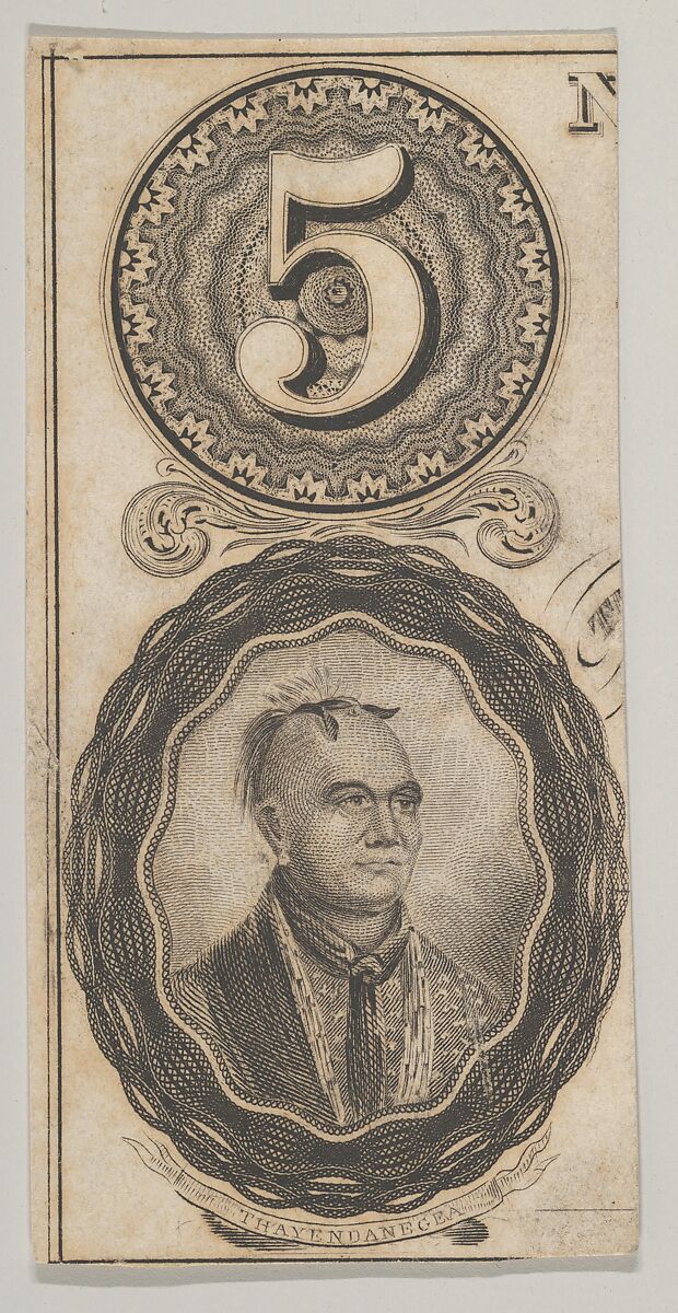 Banknote motifs: the number 5 and a portrait of Thayendanegea, Attributed to Asher Brown Durand (American, Jefferson, New Jersey 1796–1886 Maplewood, New Jersey), Engraving and etching; proof 