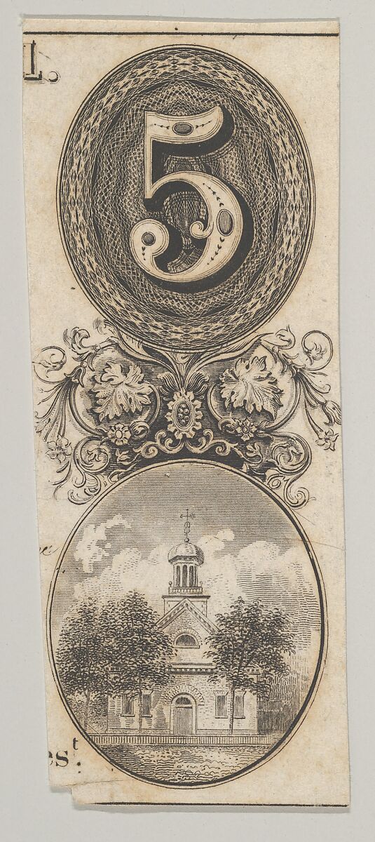 Banknote motifs: the number 5 and a building topped with a cupola, Attributed to Asher Brown Durand (American, Jefferson, New Jersey 1796–1886 Maplewood, New Jersey), Engraving and etching; proof 