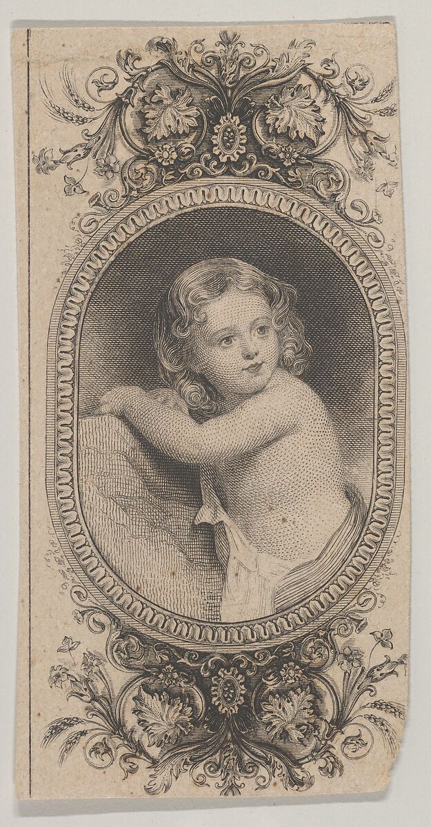 Banknote motif: a child's portrait and two patterned ovals surrounded by a floral frame, Attributed to Asher Brown Durand (American, Jefferson, New Jersey 1796–1886 Maplewood, New Jersey), Engraving and etching; proof 