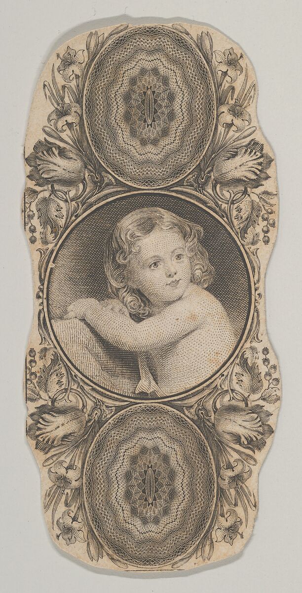 Banknote motif: a child's portrait surrounded by a floral frame, Attributed to Asher Brown Durand (American, Jefferson, New Jersey 1796–1886 Maplewood, New Jersey), Engraving and etching; proof 