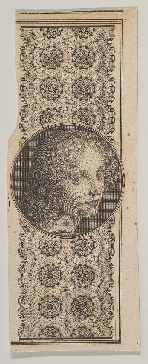 Banknote motif with a girl's head derived from Leonardo da Vinci against a patterned band, Attributed to Asher Brown Durand (American, Jefferson, New Jersey 1796–1886 Maplewood, New Jersey), Engraving and etching; proof 