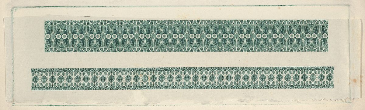 Banknote motifs: two bands of lathe work ornament, Associated with Cyrus Durand (American, 1787–1868), Engraving on chine collé, printed in green ink; proof 