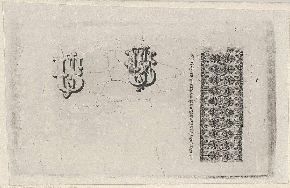 Banknote motifs: band of lathe work ornament and two monograms using the letters U.S., Associated with Cyrus Durand (American, 1787–1868), Engraving on chine collé; proof 