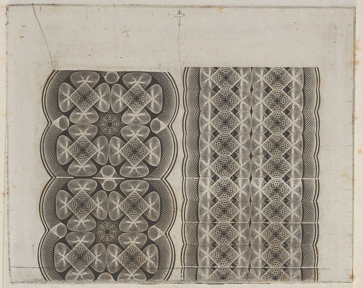 Banknote motifs: two bands of lace-like lathe work ornament, Associated with Cyrus Durand (American, 1787–1868), Engraving on chine collé; proof 
