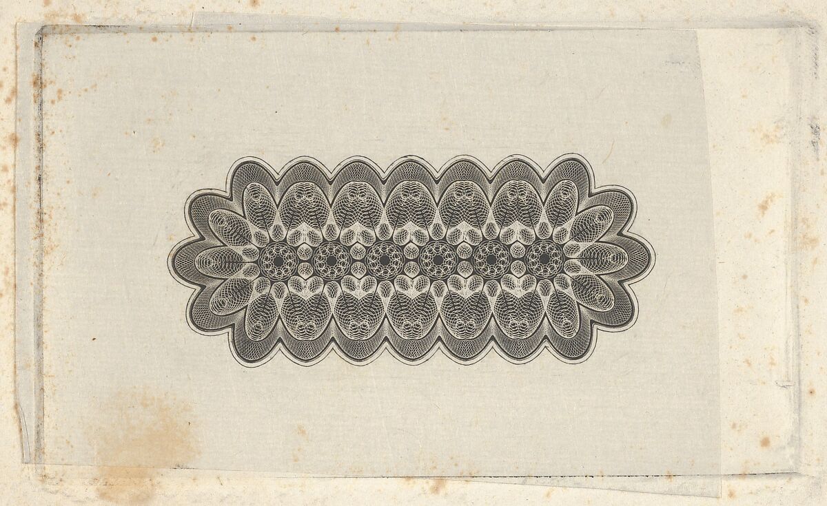 Banknote motifs: panel of lathe work ornament with rounded ends, with a repeating floral pattern, Associated with Cyrus Durand (American, 1787–1868), Engraving on chine collé; proof 