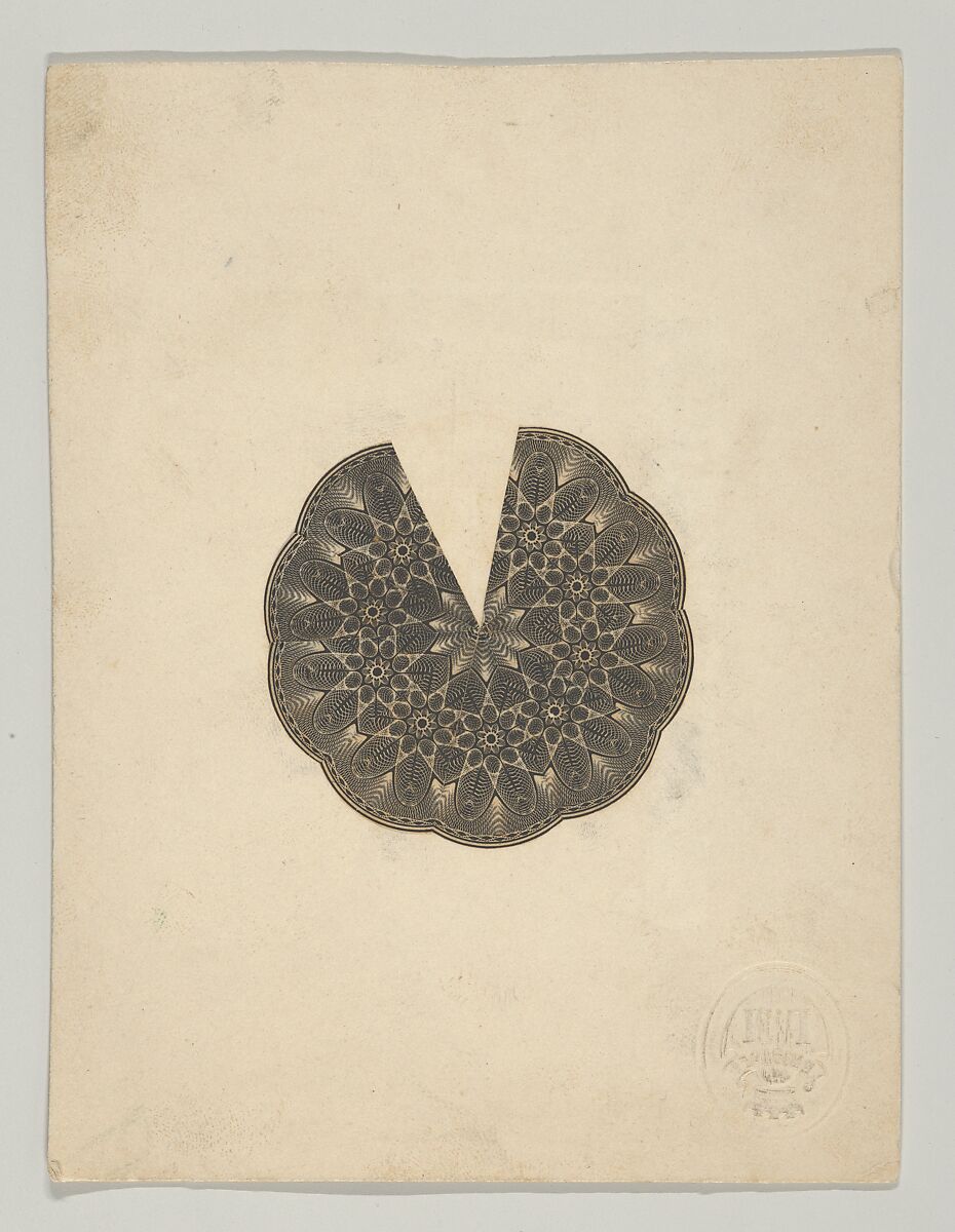 Banknote motifs: circular lobed lathe work design, its interior composed of repeated stars, missing a pie shaped wedge (recto); Two pie-shaped wedges of lathe work ornament resembling cut glass (verso), Associated with Cyrus Durand (American, 1787–1868), Engraving; proof 