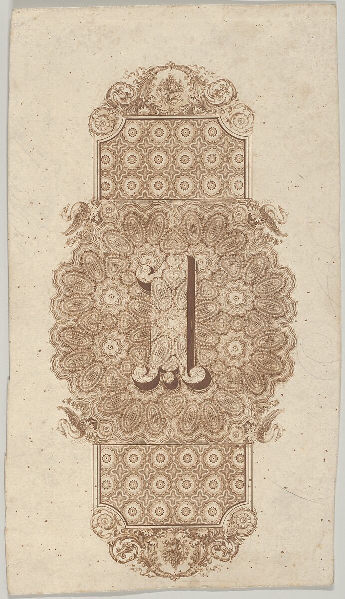 Banknote motif: ornamental number 1 against a panel of lathe work elements, adjoining a band of mosaic style ornament, its ends adorned with leaves, flowers, grapes and ribbons, Associated with Cyrus Durand (American, 1787–1868), Engraving and etching, printed in brown ink; proof 