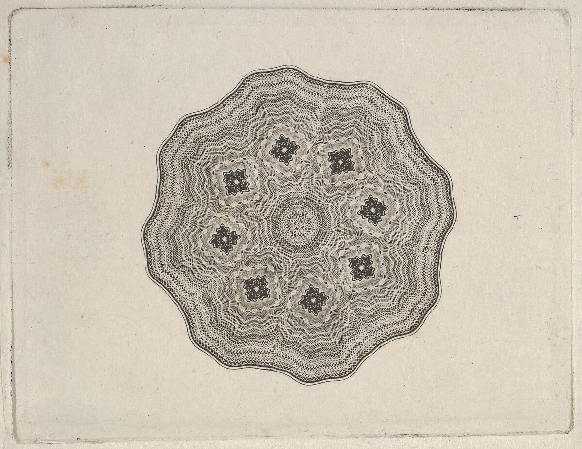 Banknote motif: rounded ornamental lathe work design with a wavy edge, Associated with Cyrus Durand (American, 1787–1868), Engraving on chine collé; proof 