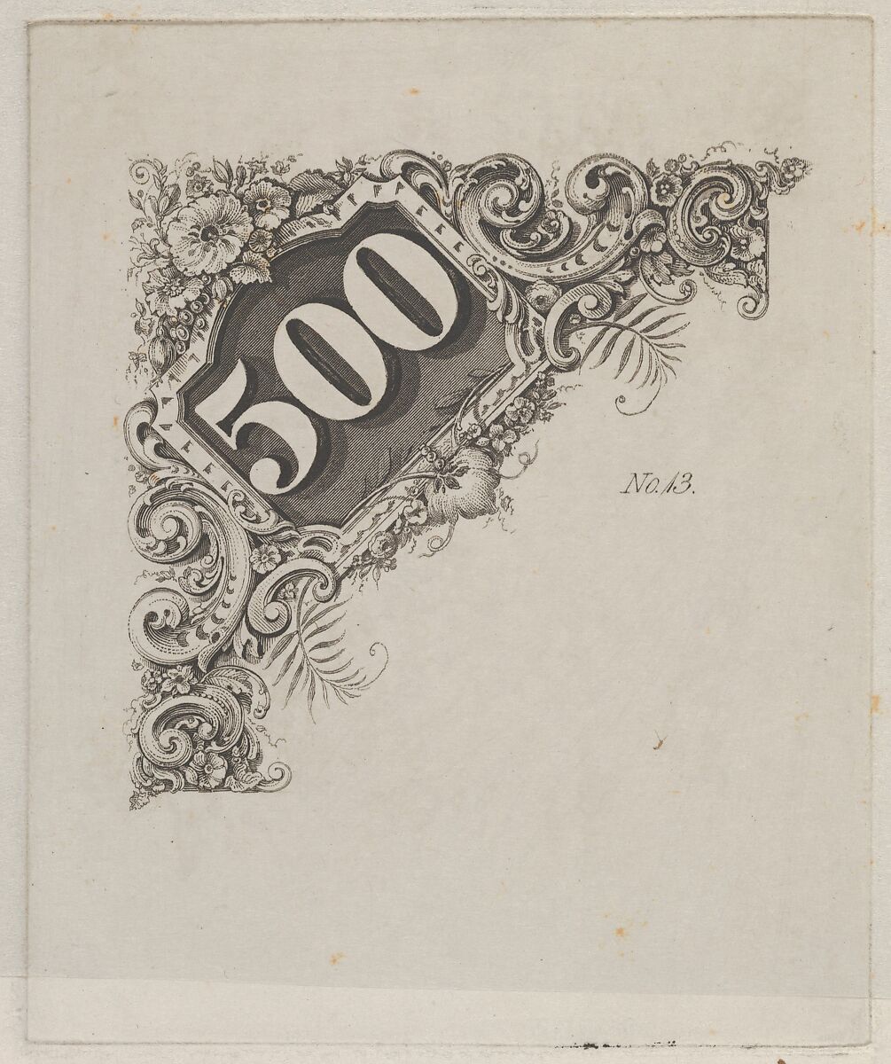 Banknote motif: number 500 in an ornamental frame, Associated with Cyrus Durand (American, 1787–1868), Engraving and etching; proof 
