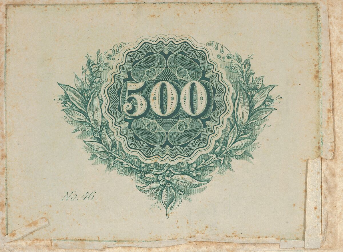 Banknote motif: number 500 at the center of a circular design of lathe work with wavy edges, surrounded by an open wreath of leaves, berries and flowers, Associated with Cyrus Durand (American, 1787–1868), Engraving and etching, printed in green ink; proof 