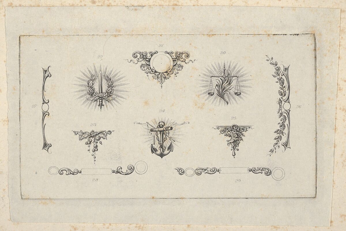 Banknote motif: ten different ornamental lathe work elements including a disk embellished with berries and flowers, a wreathed sword, a set of scales, a berried vine, an anchor and chain, a bracket of vine leaves and four designs for borders, Associated with Cyrus Durand (American, 1787–1868), Engraving and etching on chine collé; proof 