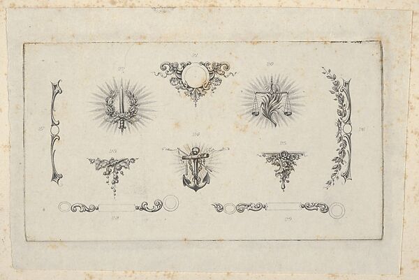 Banknote motif: ten different ornamental lathe work elements including a disk embellished with berries and flowers, a wreathed sword, a set of scales, a berried vine, an anchor and chain, a bracket of vine leaves and four designs for borders