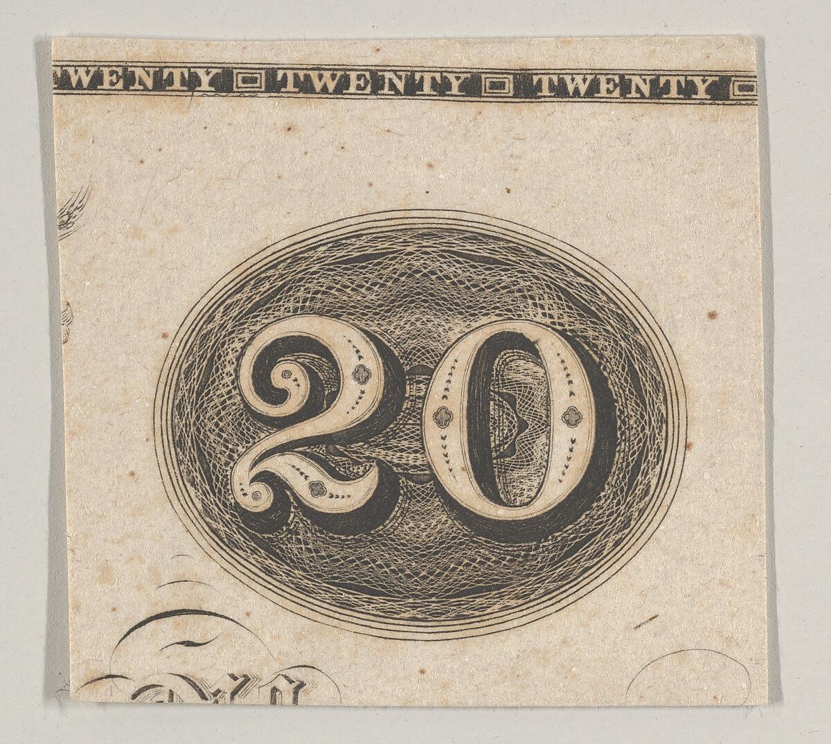 Banknote motif: the number 20 against an ornamental lathe work oval resembling woven rope, Associated with Cyrus Durand (American, 1787–1868), Engraving; proof 