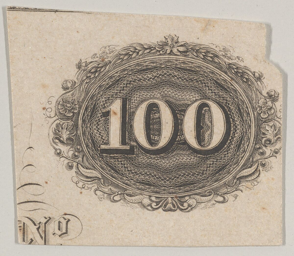 Banknote motif: the number 100 against an ornamental lathe work oval resembling woven rope with a border of grain, flowers and berries, Associated with Cyrus Durand (American, 1787–1868), Engraving and etching; proof 