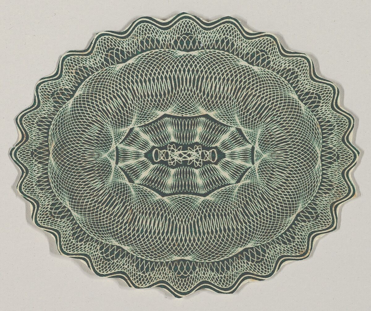Banknote motif: oval of lathe work ornament with a wavy edge, Associated with Cyrus Durand (American, 1787–1868), Engraving, printed in green ink; proof 