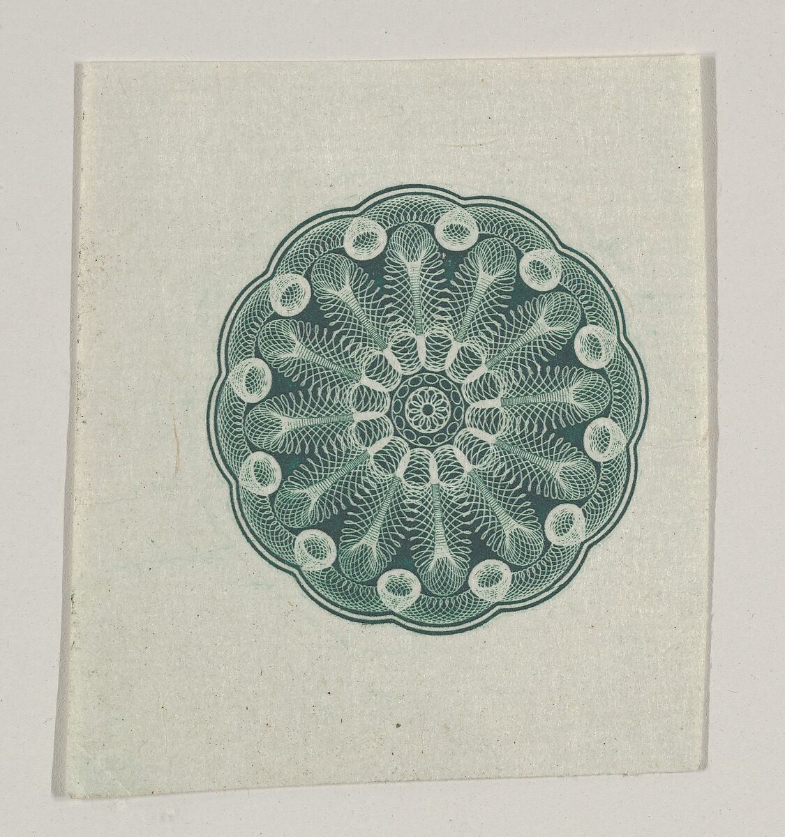 Banknote motif: small circular ornament containing floral lathe work, Associated with Cyrus Durand (American, 1787–1868), Engraving, printed in green ink; proof 