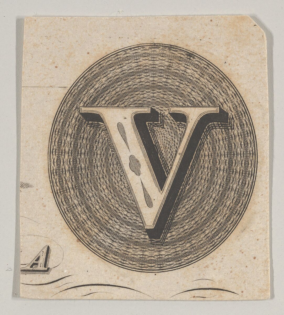 Banknote motif: capital V within an oval containing basket-like lathe work, Associated with Cyrus Durand (American, 1787–1868), Engraving; proof 