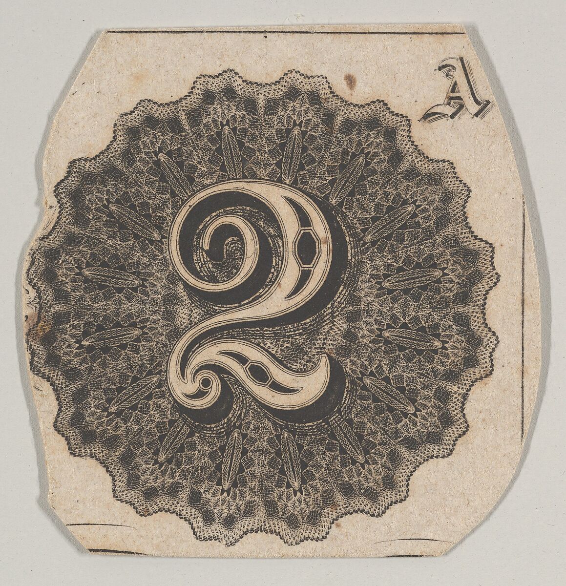 Banknote motif: number 2 against a circular panel of lathe work with a scalloped edge, Associated with Cyrus Durand (American, 1787–1868), Engraving; proof 