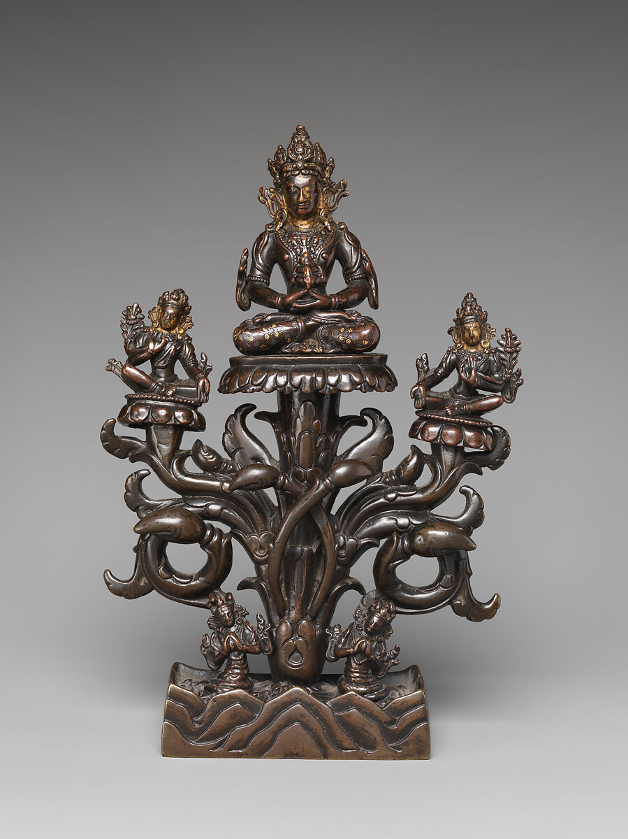 Amitayus Trinity, Copper alloy with traces of gold paint, inlaid with silver and gold, Tibet 