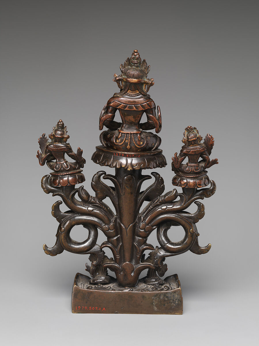 Amitayus Trinity, Copper alloy with traces of gold paint, inlaid with silver and gold, Tibet