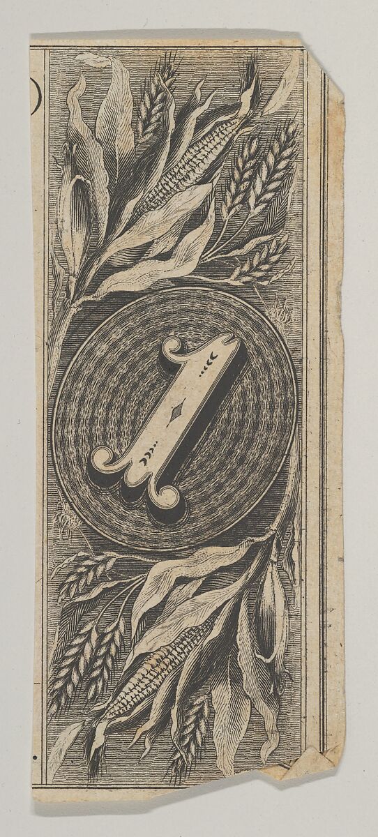 Banknote motif: the number 1 against an oval of woven lathe work, inside a rectangle decorated with grain, Associated with Cyrus Durand (American, 1787–1868), Engraving and etching; proof 