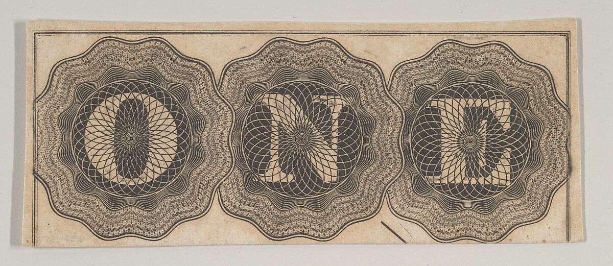 Banknote motif: the word ONE with each letter set against a circle of lathe work, Associated with Cyrus Durand (American, 1787–1868), Engraving; proof 