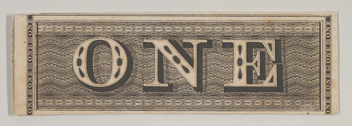 Banknote motif: the word ONE set against a rectangular band of lathe work, Associated with Cyrus Durand (American, 1787–1868), Engraving; proof 