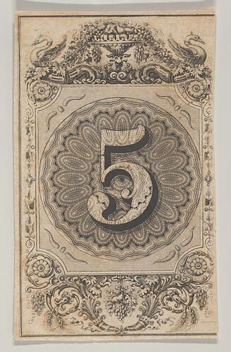 Banknote motif: the number 5 set against a scallop-edged circle of ornamental lathe work, within a rectangle with cut off corners, the top adorned with a vase and swans, the bottom with fruit and grain