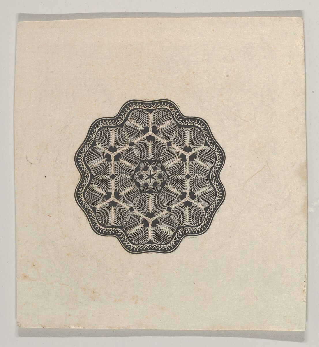 Banknote motif: a small six lobed ornament with a rope border, the interior adorned with lathe work florets, Associated with Cyrus Durand (American, 1787–1868), Engraving; proof 