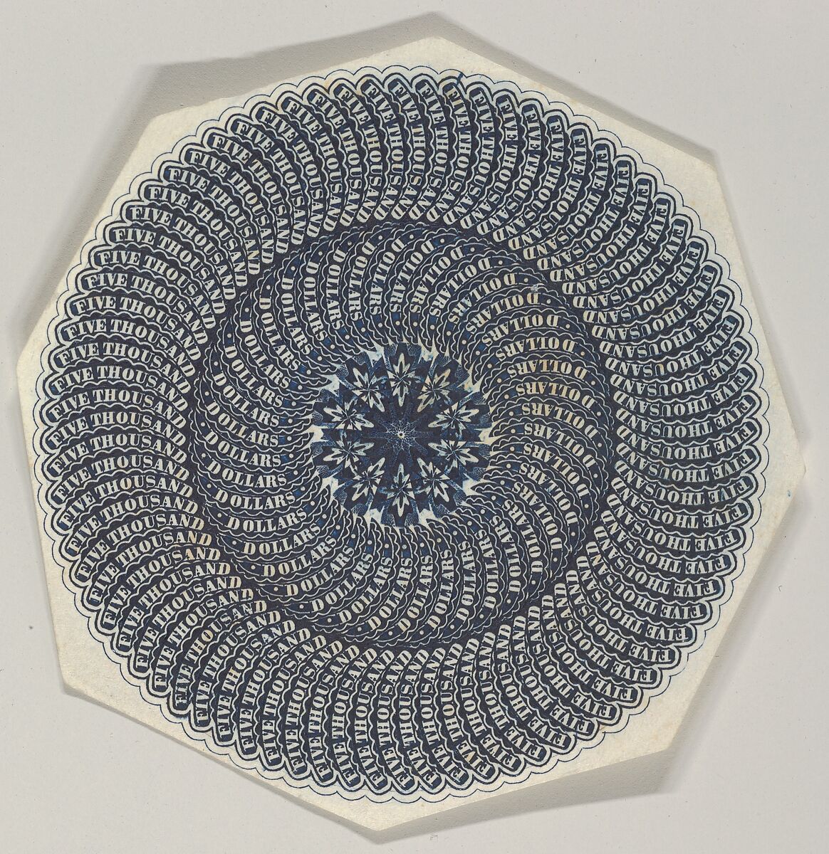Banknote motif: a circular lathe work design composed out of the repetition of the words "Five thousand dollars", Associated with Cyrus Durand (American, 1787–1868), Engraving, printed in blue ink; proof 