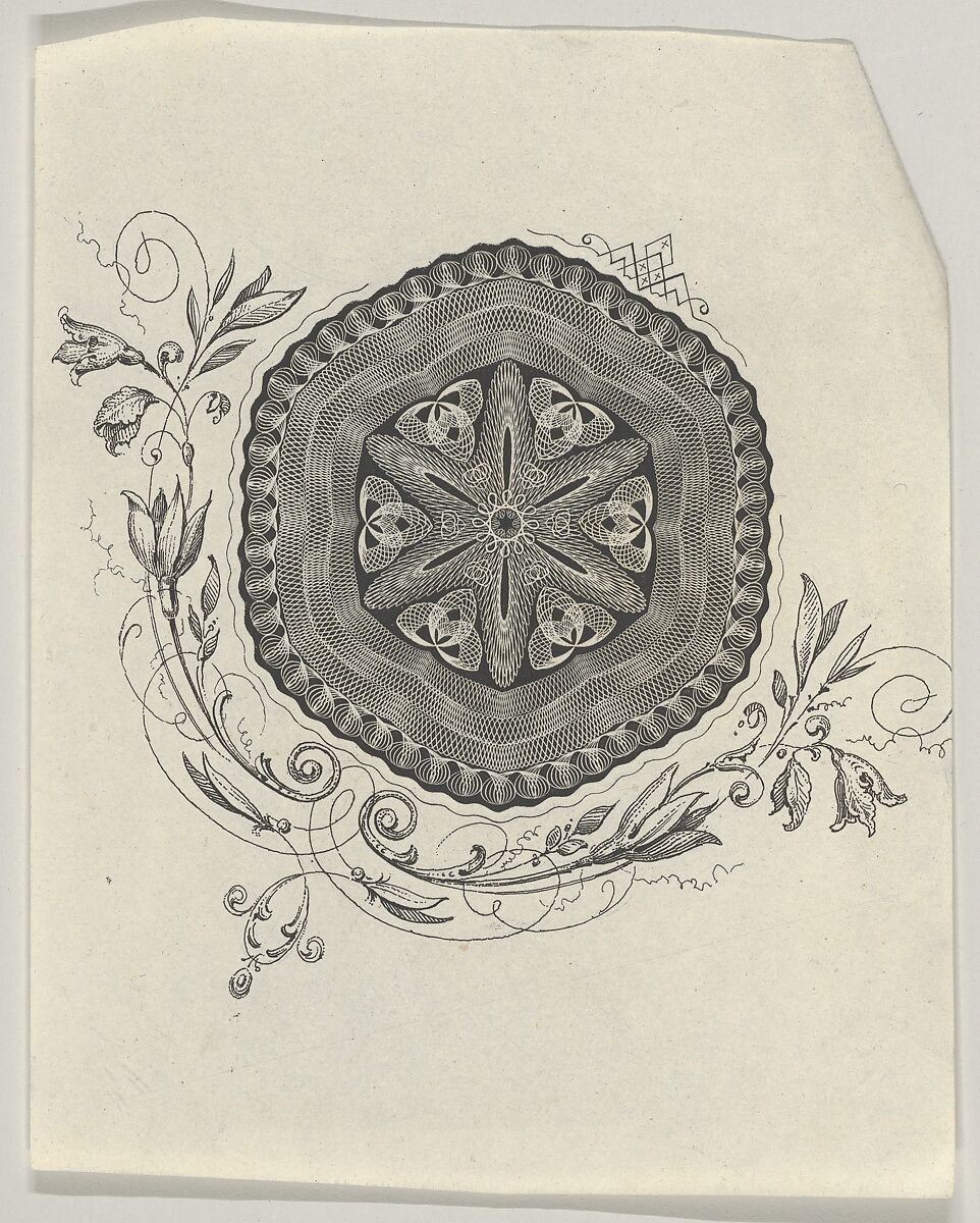 Banknote motif: hexagonal ornament with rippled edges with a pointed star at its center and flowers and leaves below, Associated with Cyrus Durand (American, 1787–1868), Engraving and etching; proof 