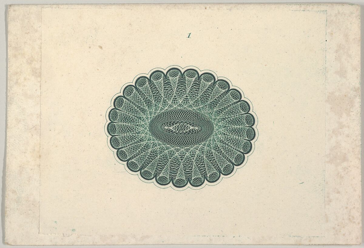 Banknote motif: oval lathe work ornament resembling a lace ruff, Associated with Cyrus Durand (American, 1787–1868), Engraving, printed in green ink on chine collé; proof 