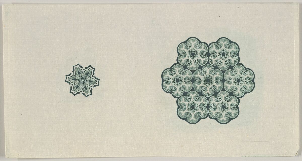 Banknote motif: two six-lobed lathe work ornaments, Associated with Cyrus Durand (American, 1787–1868), Engraving, printed in green ink; proof 