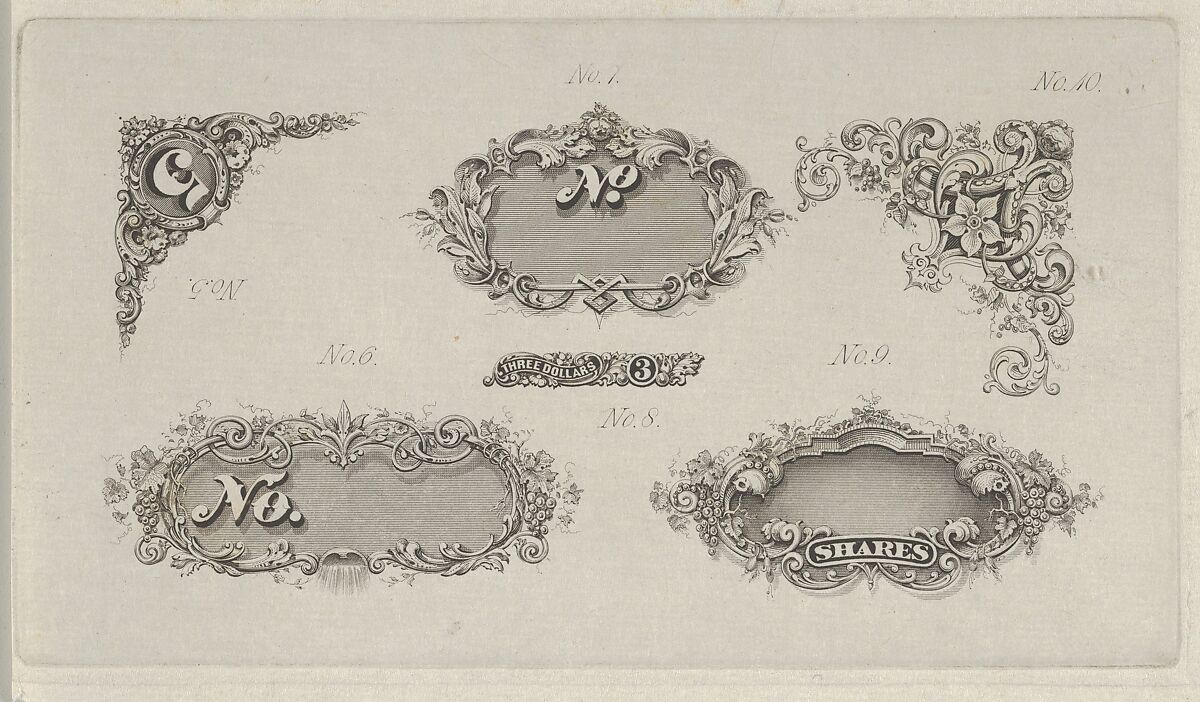 Banknote motifs: six small lathe work designs for corners, frames and numbers, Associated with Cyrus Durand (American, 1787–1868), Engraving; proof 