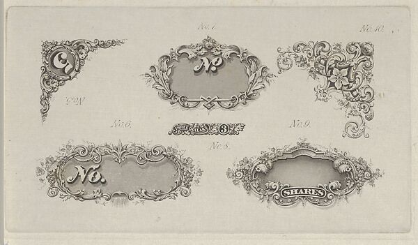 Banknote motifs: six small lathe work designs for corners, frames and numbers