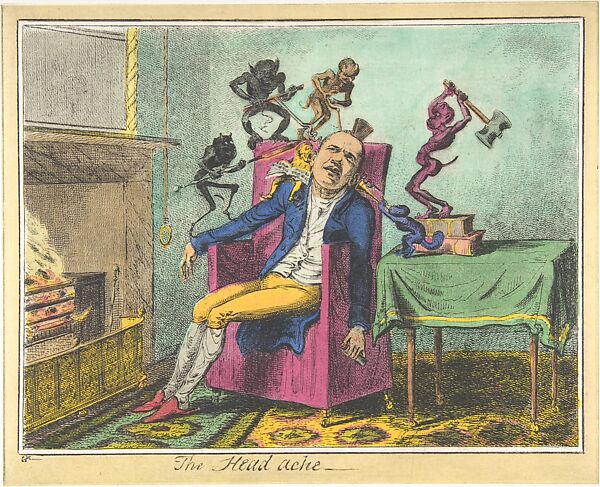 The Headache, A Print after George Cruikshank, Enrique Chagoya (American, born Mexico 1953), Etching with digitally printed color on gampi paper chine collé; printer's proof; 5/10 