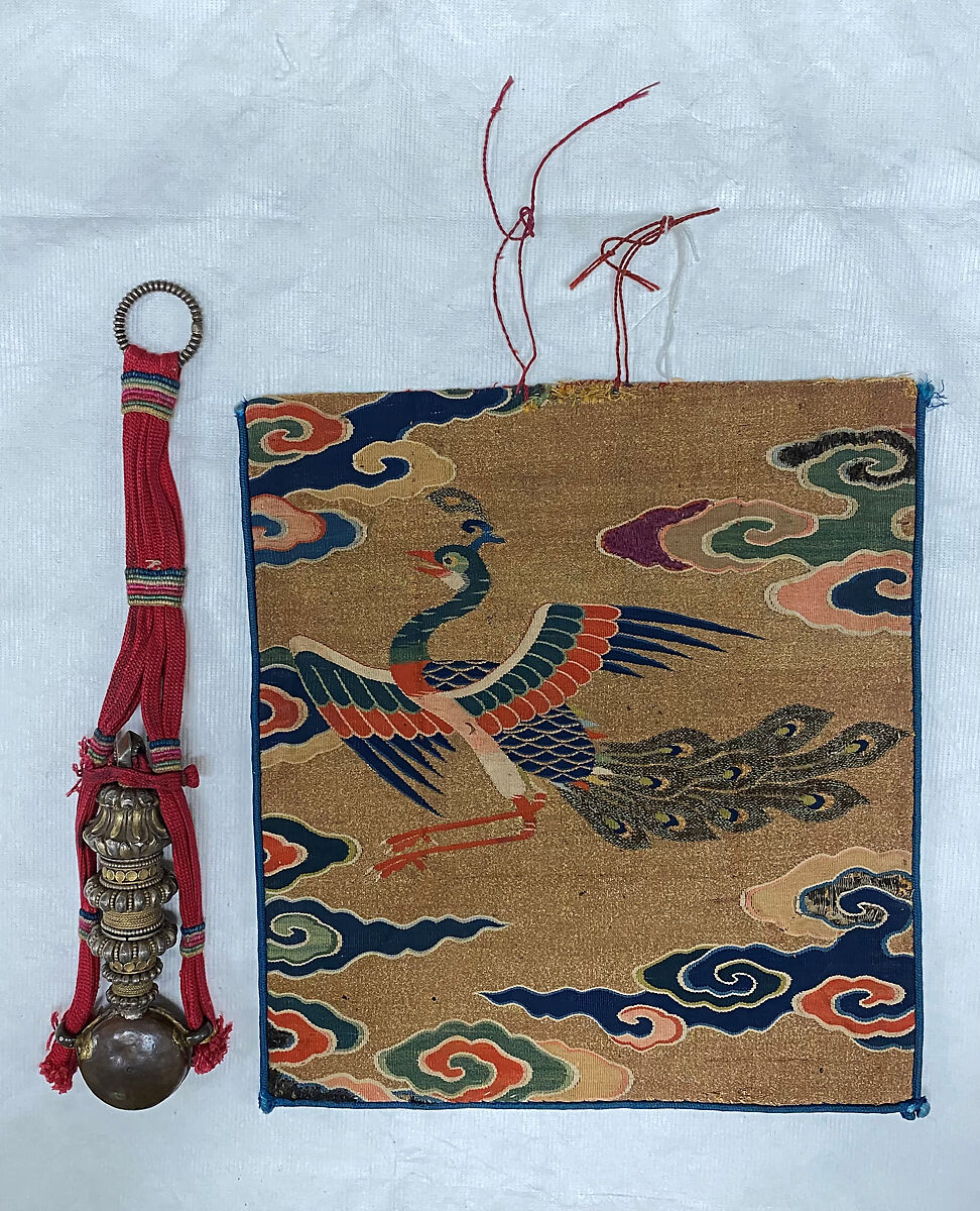 Holy water bottle and tapestry case, Bottle: silver gilt with copper; case: silk, metallic thread, Tibet