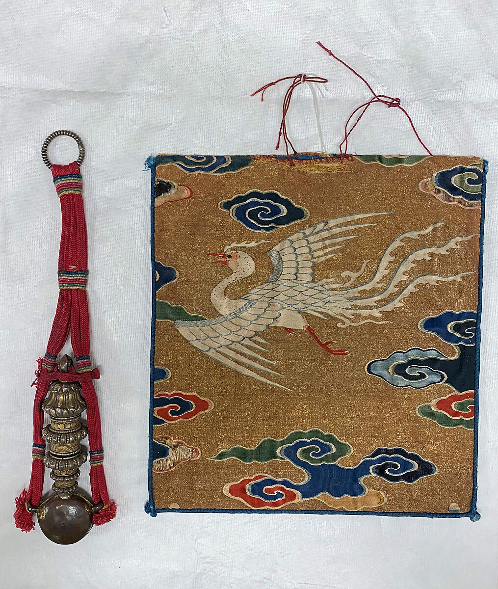 Holy water bottle and tapestry case, Bottle: silver gilt with copper; case: silk, metallic thread, Tibet