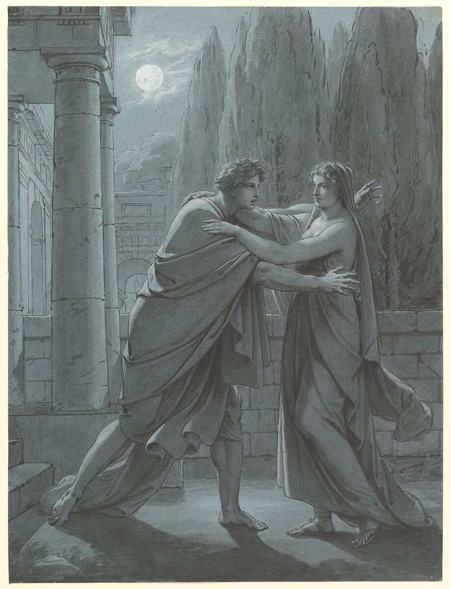 Lais Taking Aristipp by Surprise, Heinrich Friedrich Füger  German, Brush and gray ink, gray wash, heightened with white gouache, on blue paper