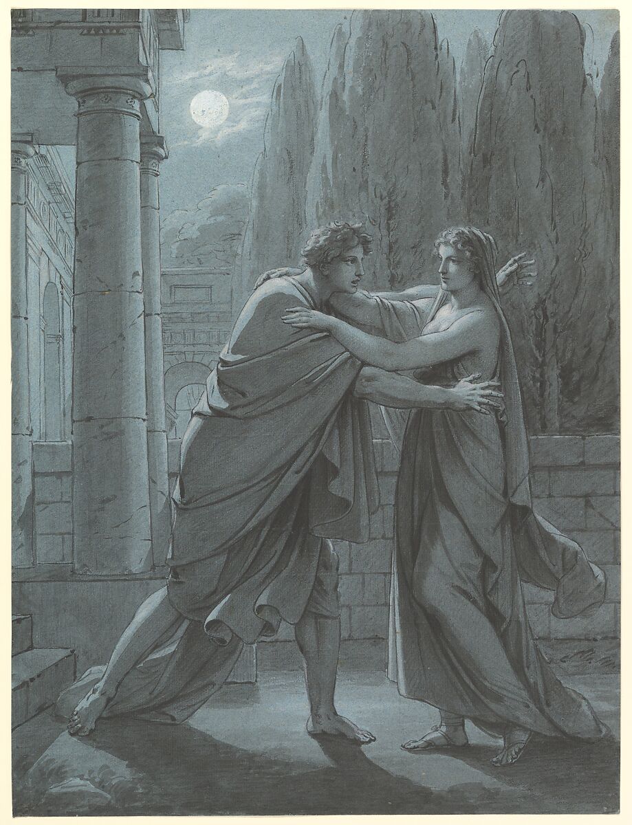 Lais Taking Aristipp by Surprise, Heinrich Friedrich Füger (German, Heilbronn 1751–1818 Vienna), Brush and gray ink, gray wash, heightened with white gouache, on blue paper 